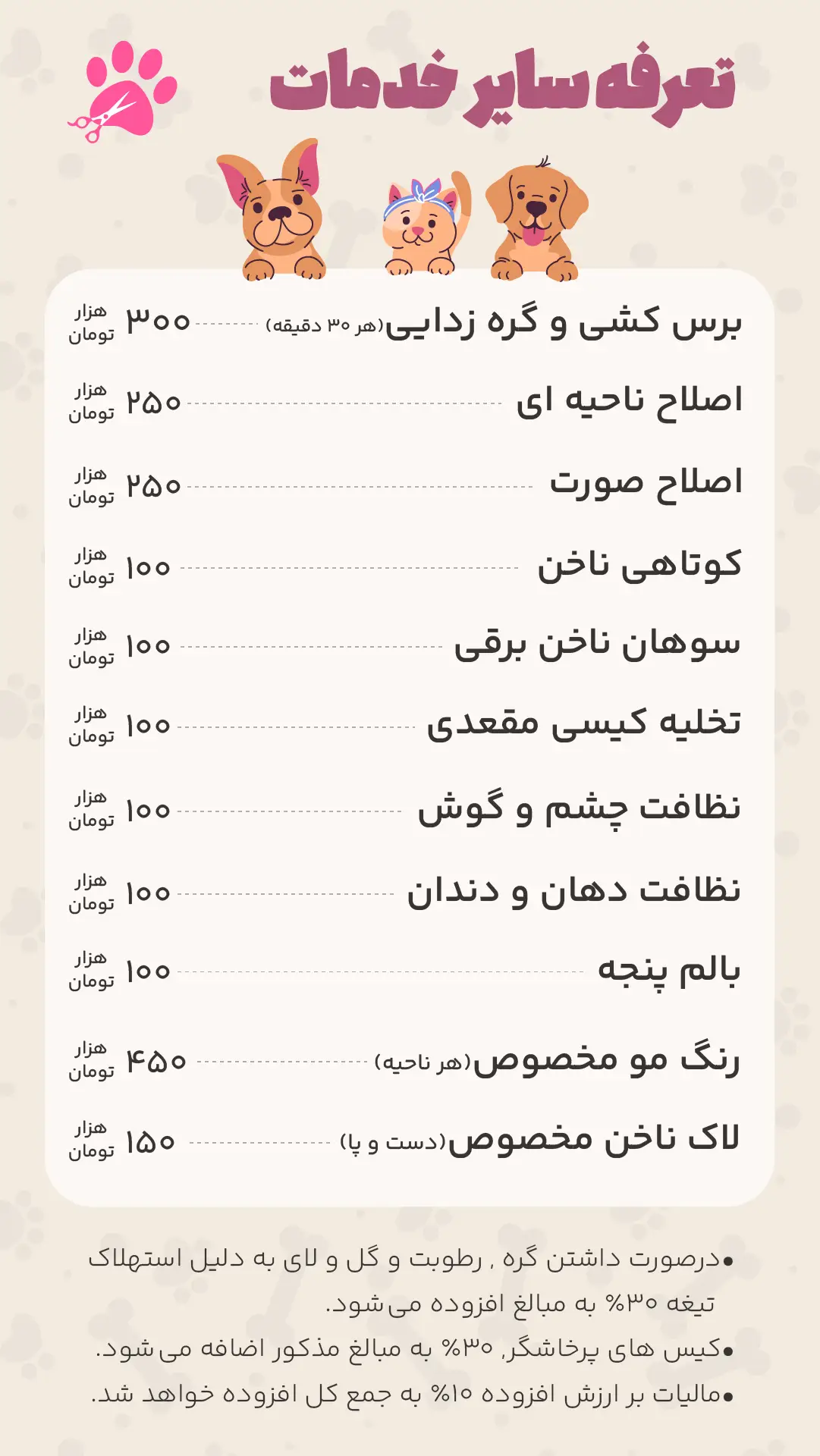 تعرفه سایر خدمات